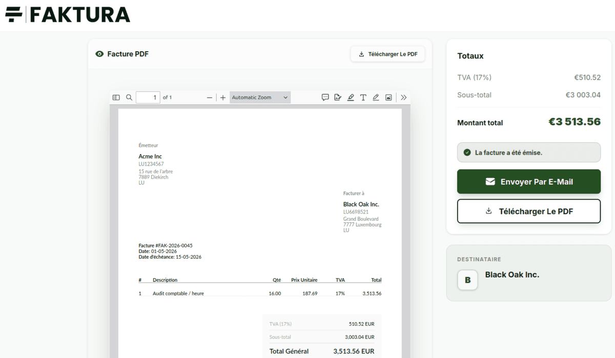 Overview of creating a Luxembourg invoice in Faktura, with 17% VAT and a recipient in Luxembourg-City