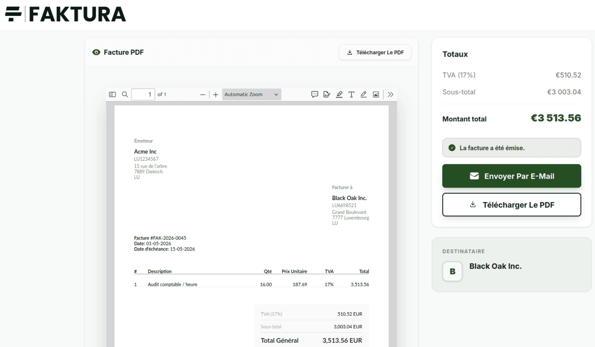 Overview of creating a Luxembourg invoice in Faktura, with 17% VAT and a recipient in Luxembourg-City