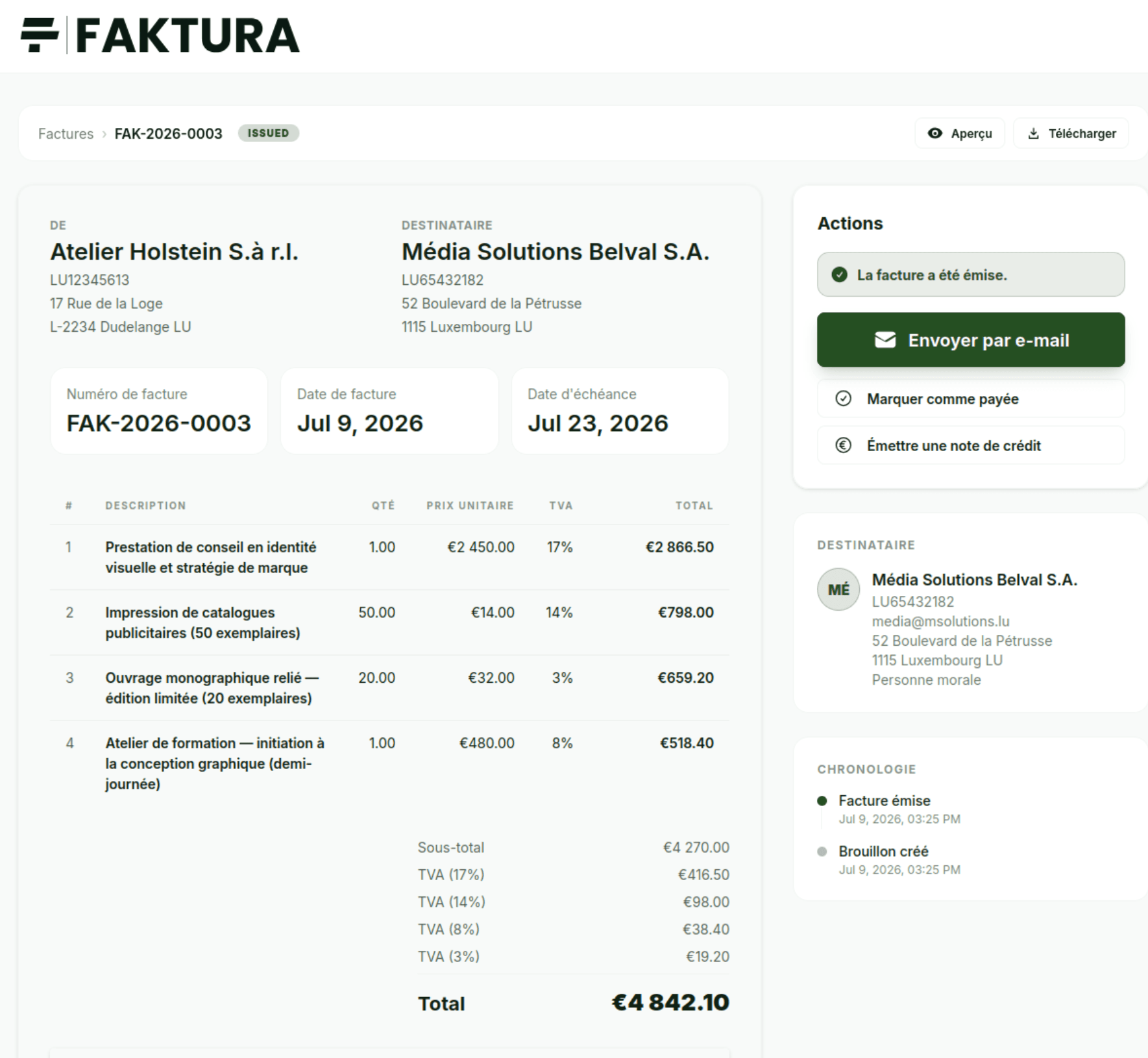 Facture Faktura avec taux de TVA luxembourgeois sélectionné (17%, 14%, 8% ou 3%) et calcul automatique des montants et mentions légales